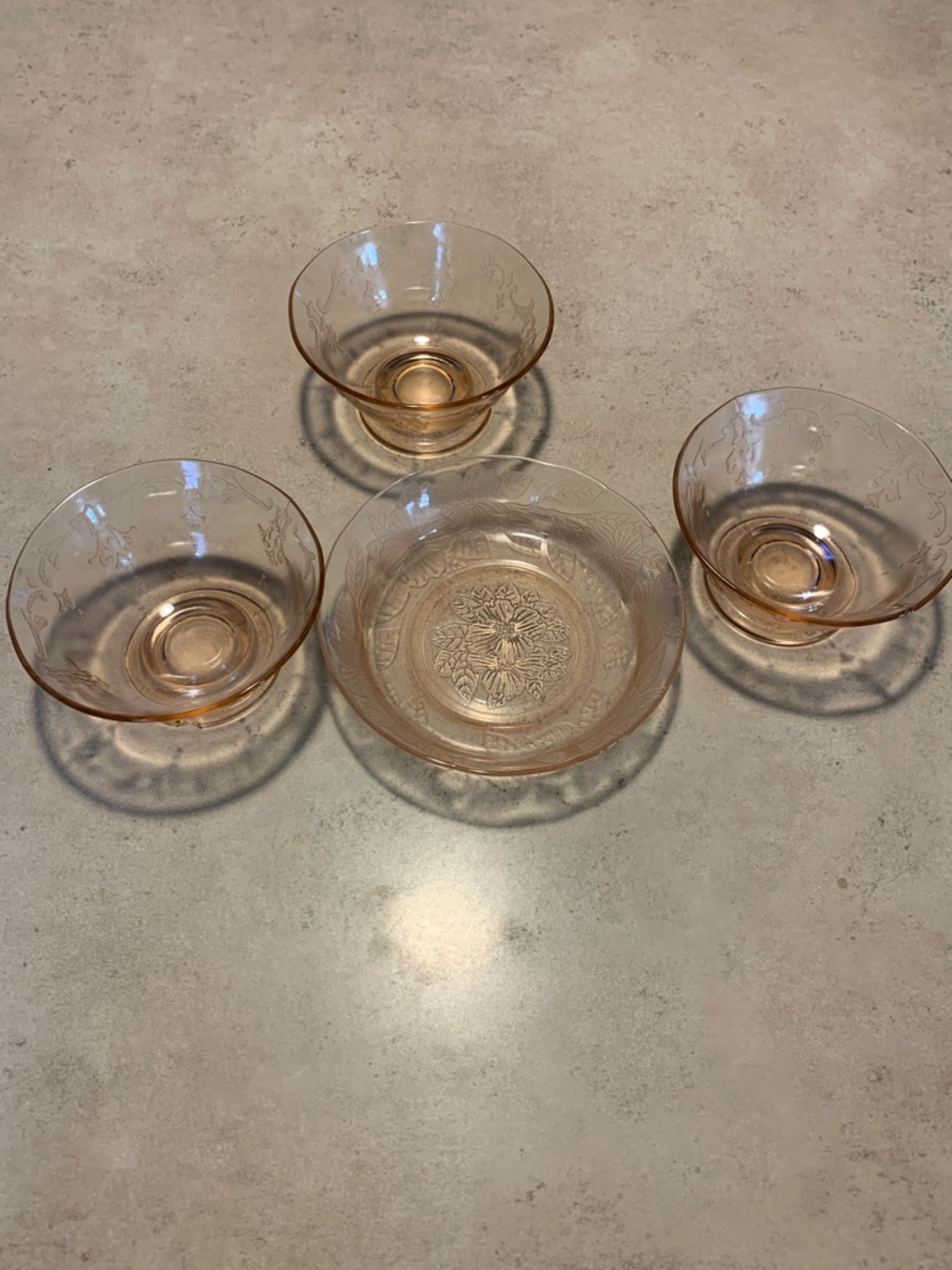 VINTAGE Depression Glass Pink Bowls with Floral Etched Design Set of 4